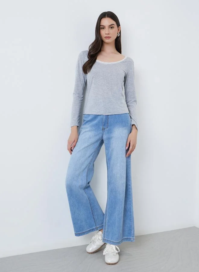 تايك تو بلوزة محبوكة سادة بياقة واسعة