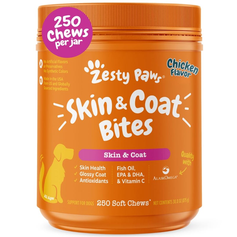 Zesty Paws Omega 3 Fish Oil for Dogs - Zesty Paw Dog Vitamins and Supplements for Hip, Joint & Skin, Chicken (250 Chews) - Image 1