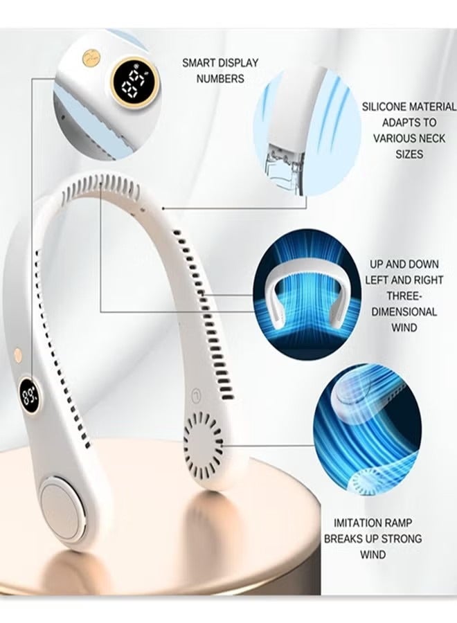 جي أس مروحة رقبة محمولة مع شاشة LED، مروحة رقبة خالية من اليدين، 5 سرعات قابلة للضبط USB قابلة لإعادة الشحن بطارية شخصية مزودة بميزة المكتب/السفر/الرياضة/المنزل/الهواء الطلي، أبيض - Image 4