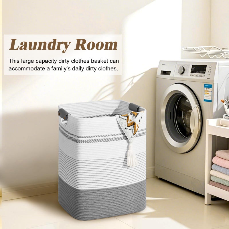 Degeyoyo Laundry Hamper, 85L Tall Laundry Basket with Leather Handles, Rectangle Large Clothes Hamper for Organizing, Cotton Woven Laundry Baskets Storage Hampers for Bedroom, Nursery, Living Room - Image 4