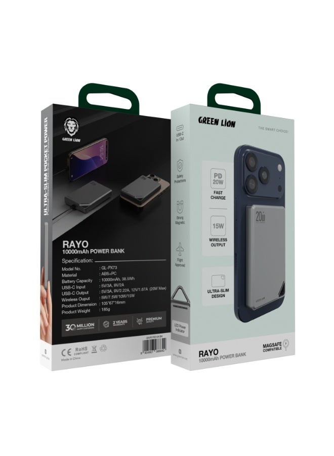 GREEN LION 10000mAh RAYO PD 20W Power Bank, Portable Mag Safe PowerBank with Ultra Slim Design, 20W PD & 15W Wireless Output, Strong Magnet, Flight Approved Power Bank Compatible with MagSafe, iPhone 14/15/16/17 Series and Android Smart Phones - Grey - Image 4