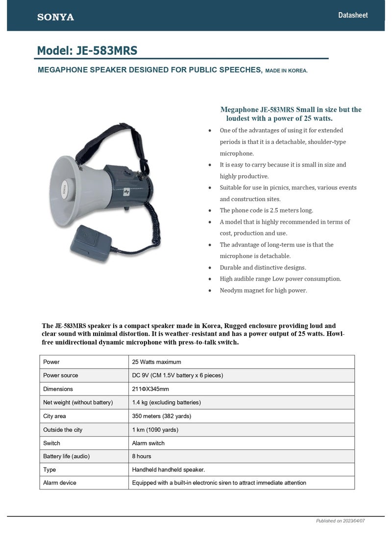Sonia Handheld Megaphone Speaker 25W with Siren & Detachable Microphone | Model JE-583MRS (Made in Korea) - Image 4
