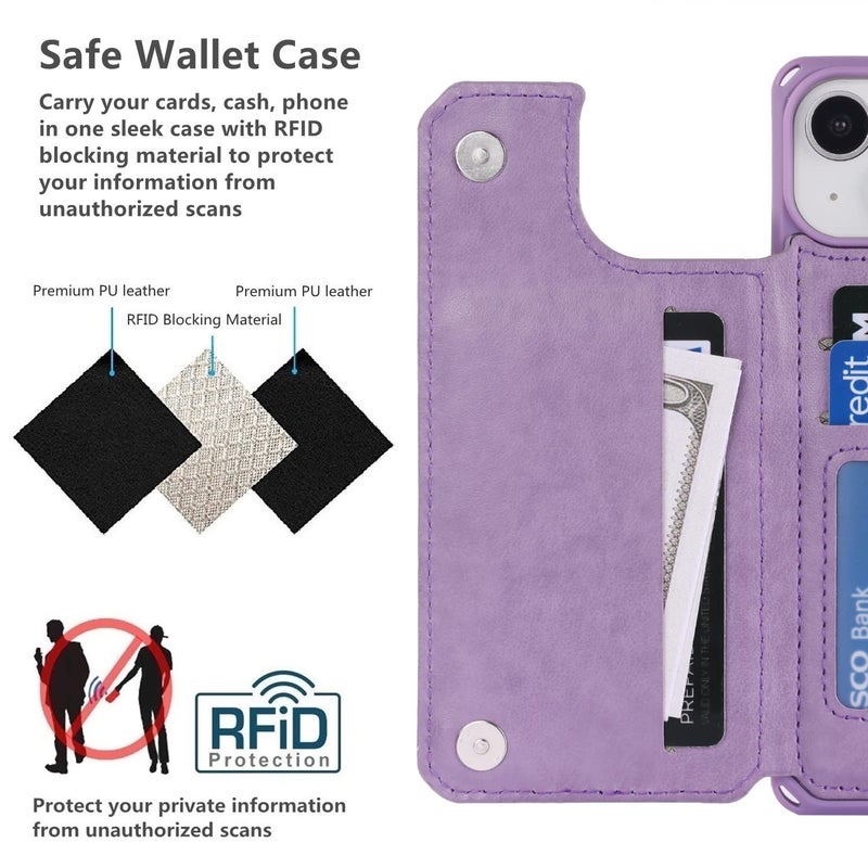 iCoverCase Compatible with iPhone 14 Wallet Phone Case with Card Holder for Women, RFID Blocking Embossed PU Leather Wrist Strap Case 6.1 Inch (Heart Purple) - Image 4