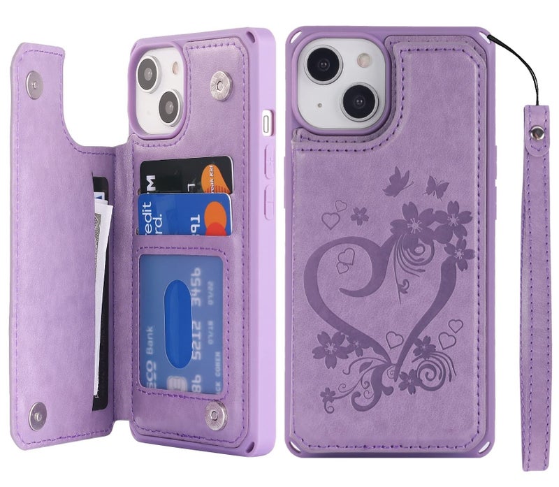 iCoverCase Compatible with iPhone 14 Wallet Phone Case with Card Holder for Women, RFID Blocking Embossed PU Leather Wrist Strap Case 6.1 Inch (Heart Purple) - Image 1