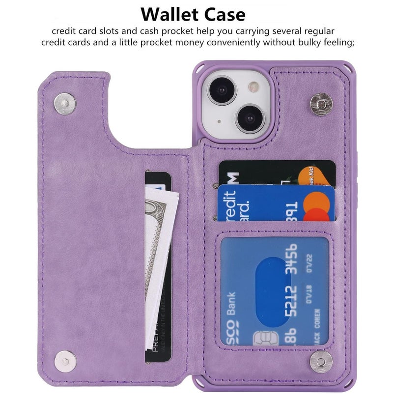 iCoverCase Compatible with iPhone 14 Wallet Phone Case with Card Holder for Women, RFID Blocking Embossed PU Leather Wrist Strap Case 6.1 Inch (Heart Purple) - Image 5