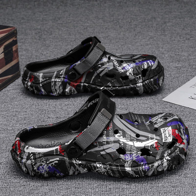 FLIOZY Menâ€™s Camouflage Garden Clogs Comfortable Non-Slip Beach & Pool Mules, Lightweight Athletic Outdoor Sandals with Adjustable Back Strap Black 41 - Image 2