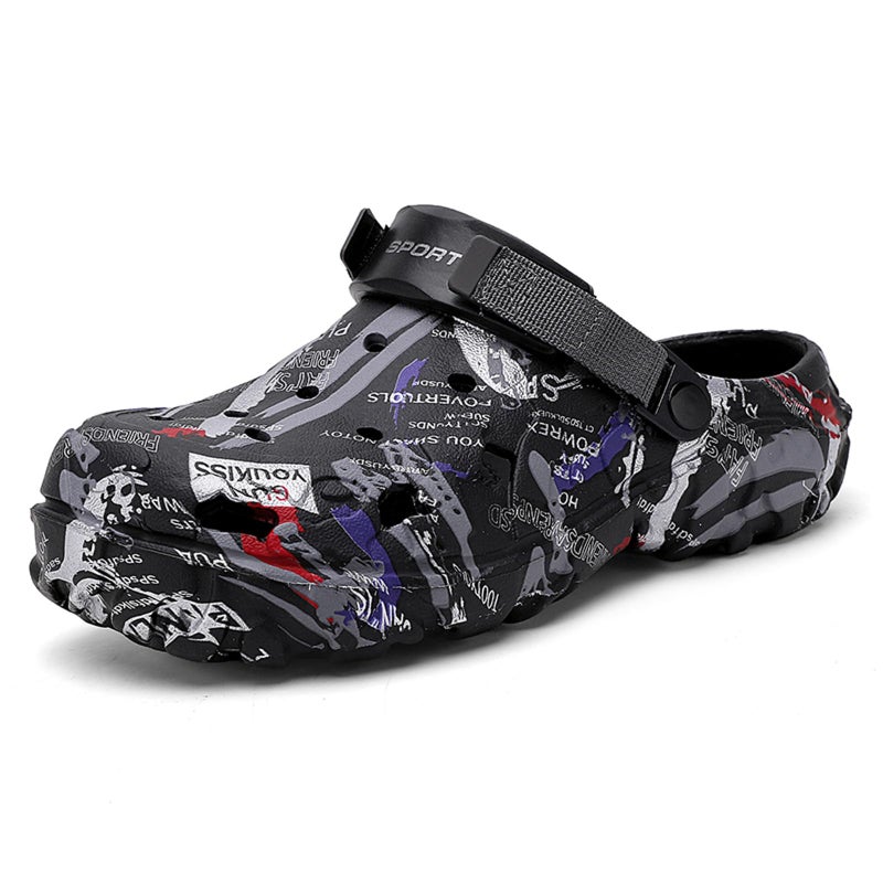 FLIOZY Menâ€™s Camouflage Garden Clogs Comfortable Non-Slip Beach & Pool Mules, Lightweight Athletic Outdoor Sandals with Adjustable Back Strap Black 41 - Image 1