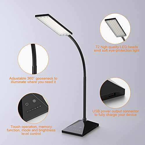 Vansuny LED Desk Lamp with USB Charging Port, Eye-Caring, 5 Color Modes,6 Brightness Levels, Touch Control, Adjustable Neck, Memory Function for Dorm Office Work Bedroom (12W,Black) - Image 5