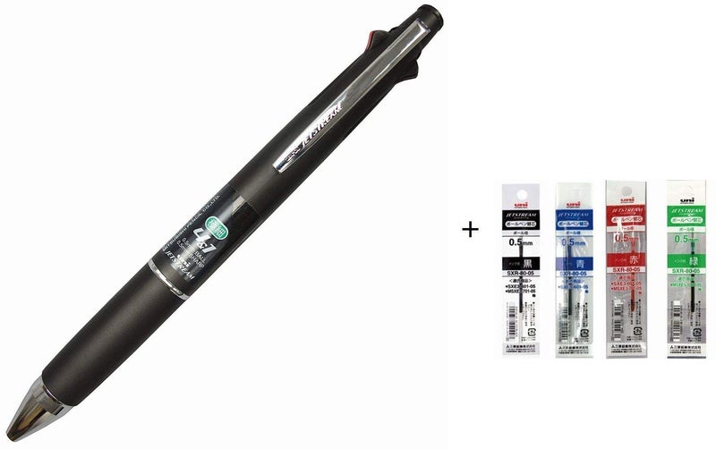 Uni Jetstream 0.5 mm Ballpoint Multi Pen and 0.5 mm Pencil Black Body (MSXE510005.24) + Refill 4 Color Set (Black,Blue,Red,Green) SXR-80-05 0.5mm
