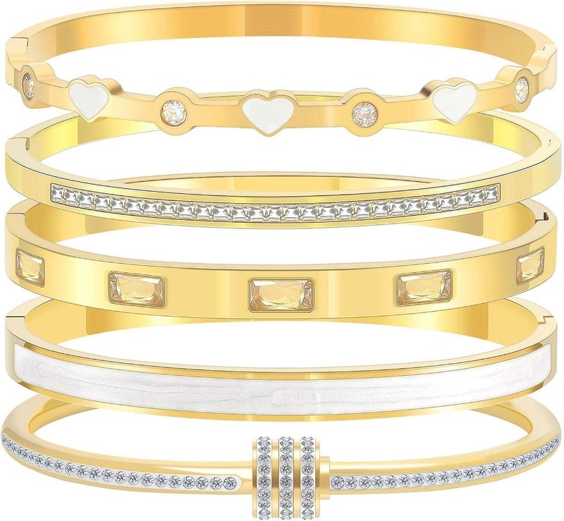 KASTWAVE Pink Heart Bangle Bracelets for Women, 18K Gold Plated Stackable Stainless Steel Heart Bangles, Friendship & Love Jewelry Gift for Her - Image 1