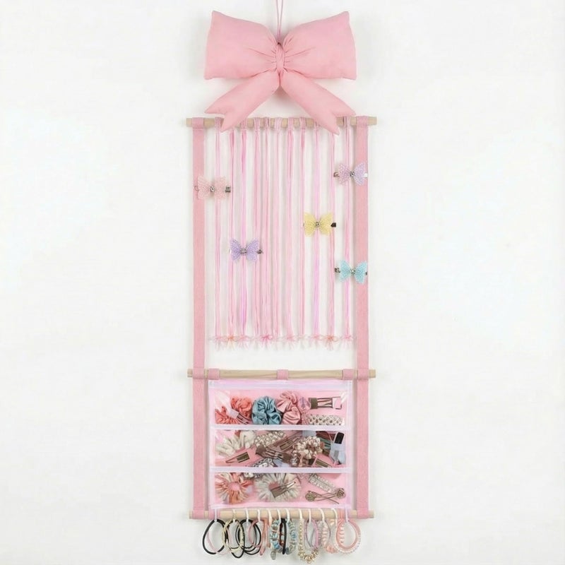 Suncalla Pink Hair Bows Holder Headband Organizer for Girls Long Baby Hair Clips Accessories Display Storage Hanging Wall Decor with Hooks Gift for Christmas Nursery Toddler Girls Room - Image 1