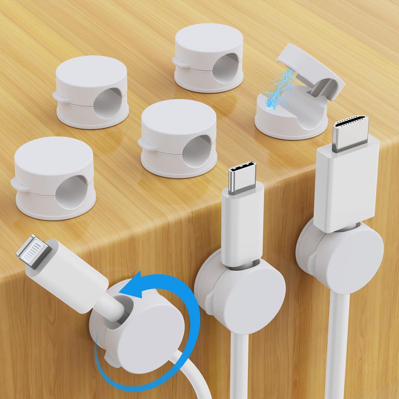 AGPTEK 8 Pack Magnetic Cable Clips, Upgraded 360Â° Rotatable Cord Holder Clips for Nightstand, Desk Cord Organizer Adhesive Wire Management Home Office Phone Charging Cords USB Cable Keeper (White) - Image 1
