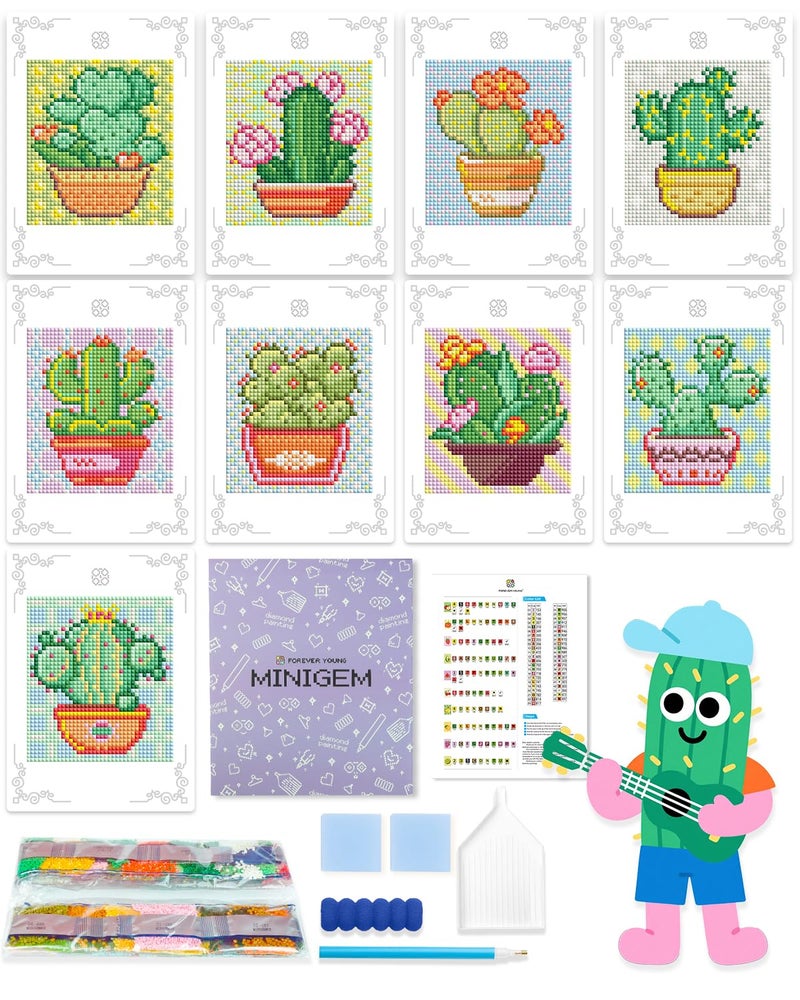 forever young Minigem Diamond Painting Kits Mini Diamond Art Kits, 9Pcs Small Diamond Art Kits for Adults 2-Hour Painting, Postcard-Style Resin Square Drill Diamond Painting Kits 5x7 Inch (Cactus) - Image 1