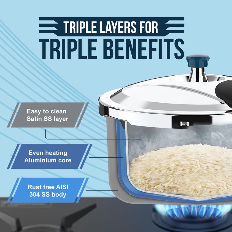 Ultra Dura Cook Triply 3.5 L Pressure Cooker,Ss 304 Food Grade,'Scts'Anti Bulging,Froth Collector,Broad Base Quick Cooking -Savesgas.Solid Backelite Handles,3 Layered Body, Induction,Isi,5 Y Warranty. - Image 3
