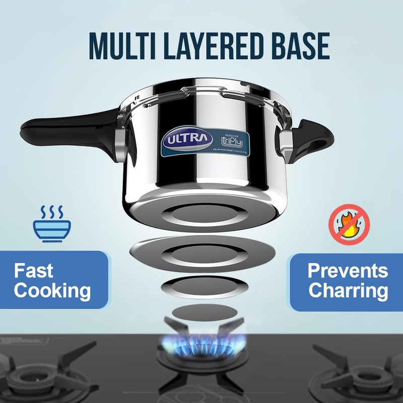 Ultra Dura Cook Triply 3.5 L Pressure Cooker,Ss 304 Food Grade,'Scts'Anti Bulging,Froth Collector,Broad Base Quick Cooking -Savesgas.Solid Backelite Handles,3 Layered Body, Induction,Isi,5 Y Warranty. - Image 4