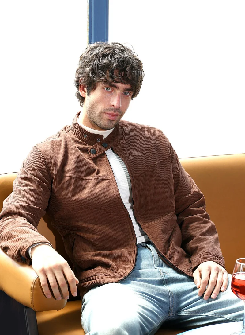 Campus Sutra Men Corduroy Rider Jacket | Band Collar, Long Button-Cuff Sleeves | Zipper , Straight Hem | Solid Textured | Woven Fabric For Casual & Daily Wear | Chocolate Brown