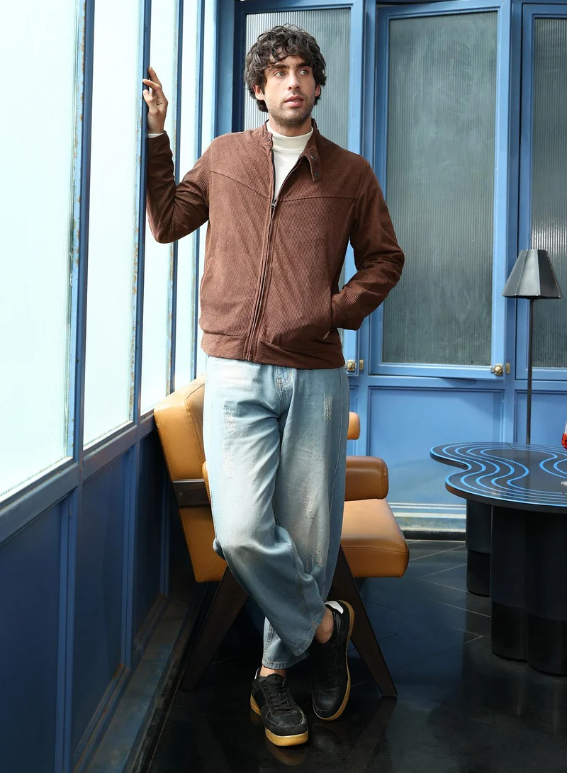 Campus Sutra Men Corduroy Rider Jacket | Band Collar, Long Button-Cuff Sleeves | Zipper , Straight Hem | Solid Textured | Woven Fabric For Casual & Daily Wear | Chocolate Brown
