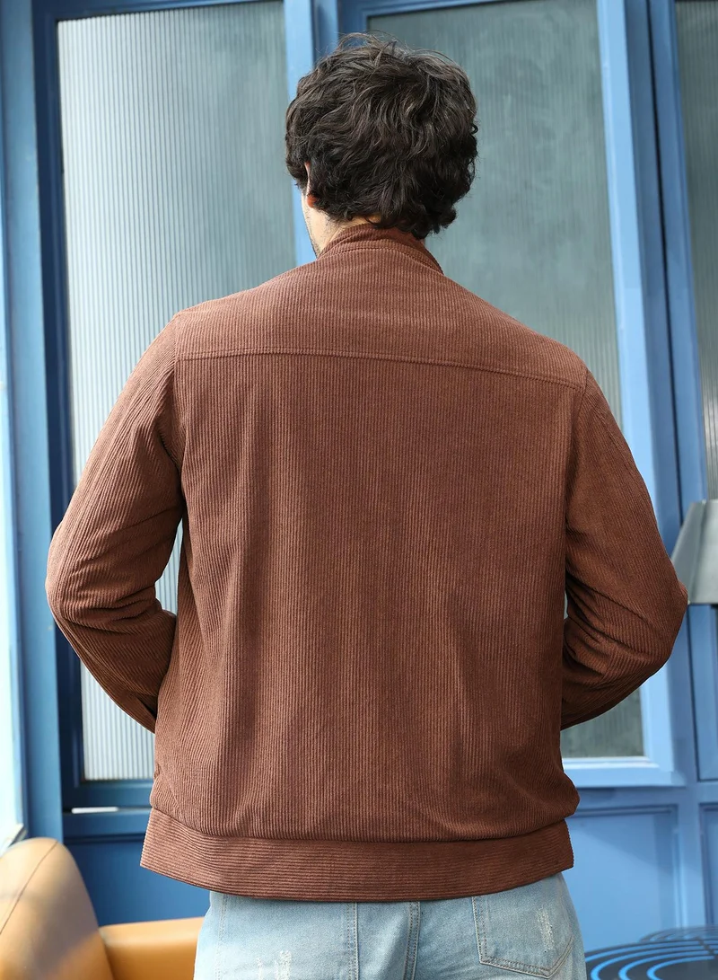 Campus Sutra Men Corduroy Rider Jacket | Band Collar, Long Button-Cuff Sleeves | Zipper , Straight Hem | Solid Textured | Woven Fabric For Casual & Daily Wear | Chocolate Brown