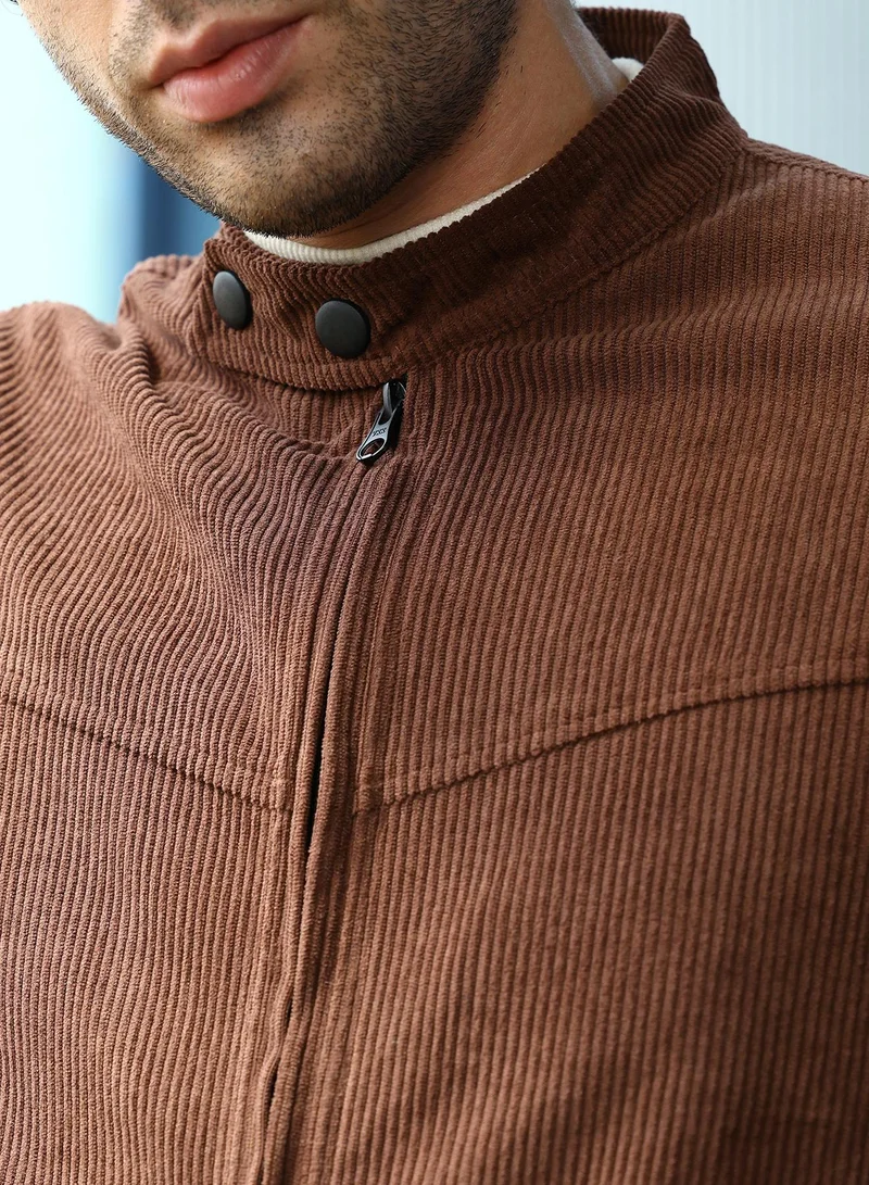 Campus Sutra Men Corduroy Rider Jacket | Band Collar, Long Button-Cuff Sleeves | Zipper , Straight Hem | Solid Textured | Woven Fabric For Casual & Daily Wear | Chocolate Brown