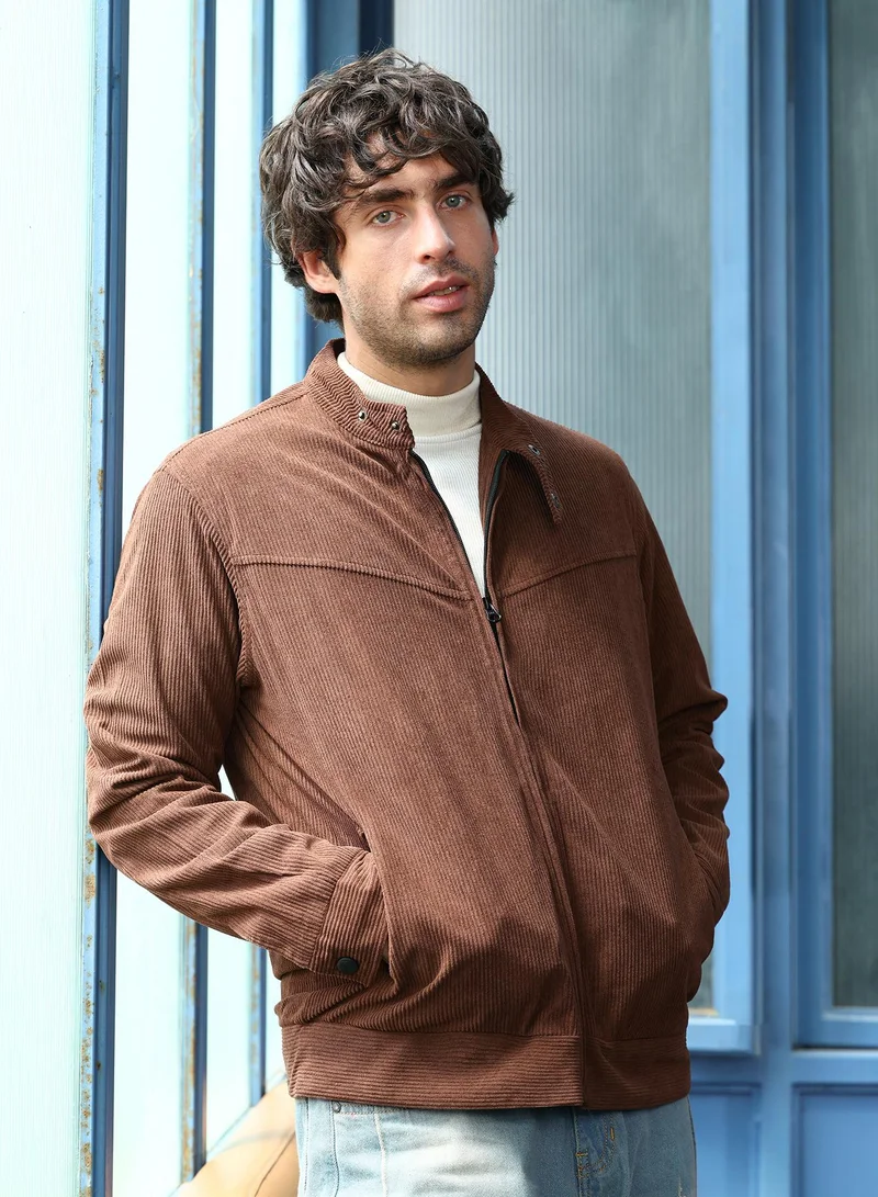 Campus Sutra Men Corduroy Rider Jacket | Band Collar, Long Button-Cuff Sleeves | Zipper , Straight Hem | Solid Textured | Woven Fabric For Casual & Daily Wear | Chocolate Brown