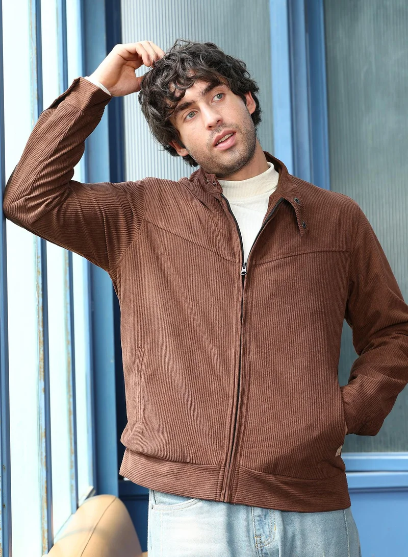Campus Sutra Men Corduroy Rider Jacket | Band Collar, Long Button-Cuff Sleeves | Zipper , Straight Hem | Solid Textured | Woven Fabric For Casual & Daily Wear | Chocolate Brown