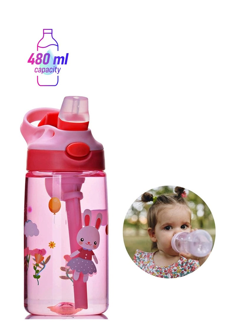 SOLARAE Children's Water Bottle, Toddler Cup with Straw Leak-Proof Button to Open, and Durable Plastic Drinking Suitable for Boys Girls Rabbits Indoor Outdoor - Image 1