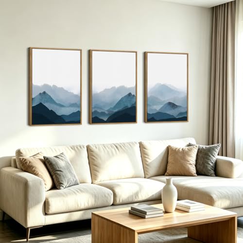 BINCUE Framed Blue Mountain Wall Decor Fog Blue Ridge Mountains Wall Art 16x24 Inches Minimalist Landscape Paintings Framed Mountains Wall Art Decor Simple Landscape Artwork for Living Room Bedroom Office Set of 3 - Image 2