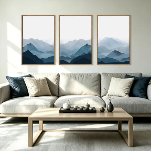 BINCUE Framed Blue Mountain Wall Decor Fog Blue Ridge Mountains Wall Art 16x24 Inches Minimalist Landscape Paintings Framed Mountains Wall Art Decor Simple Landscape Artwork for Living Room Bedroom Office Set of 3 - Image 1