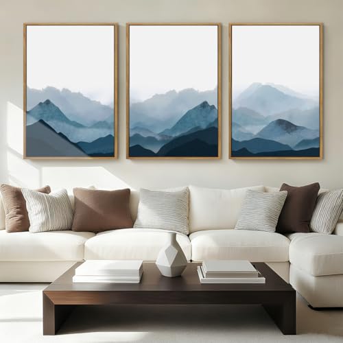 BINCUE Framed Blue Mountain Wall Decor Fog Blue Ridge Mountains Wall Art 16x24 Inches Minimalist Landscape Paintings Framed Mountains Wall Art Decor Simple Landscape Artwork for Living Room Bedroom Office Set of 3 - Image 3