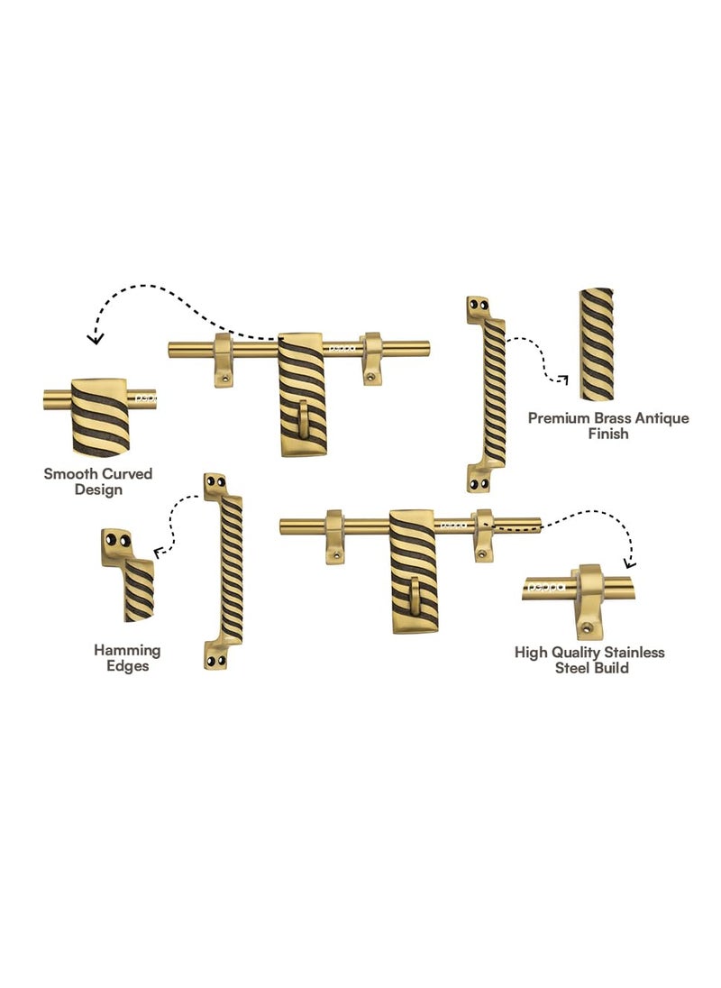 Peppa Peppa Antique Brass Finish Standard Size Door Fitting Accessories Premium KitDoor Accessories Kit Front AldropBack LatchTwo Handles Door Stopper Tower Bolt Golden 7 Curve_Set of 5  - Image 3