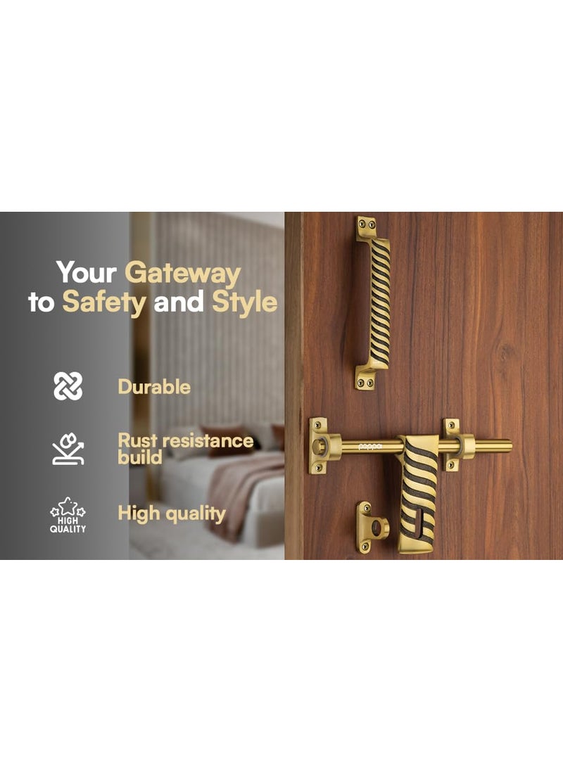 Peppa Peppa Antique Brass Finish Standard Size Door Fitting Accessories Premium KitDoor Accessories Kit Front AldropBack LatchTwo Handles Door Stopper Tower Bolt Golden 7 Curve_Set of 5  - Image 4