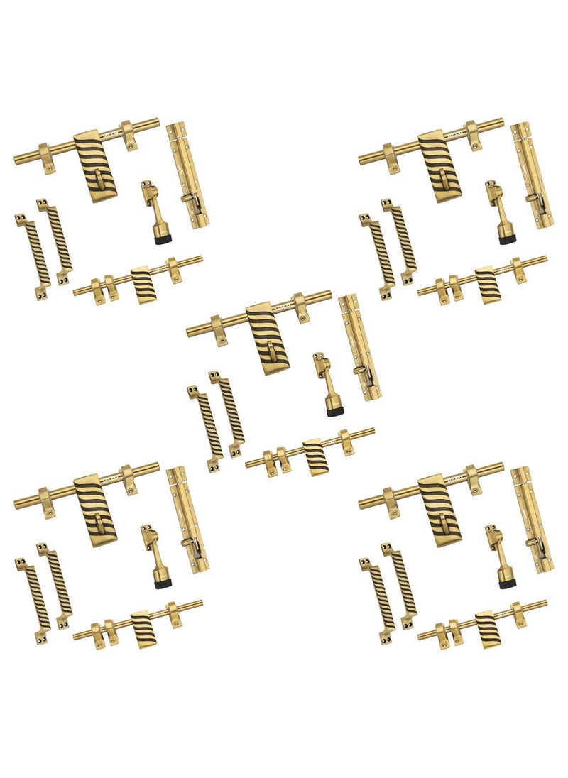 Peppa Peppa Antique Brass Finish Standard Size Door Fitting Accessories Premium KitDoor Accessories Kit Front AldropBack LatchTwo Handles Door Stopper Tower Bolt Golden 7 Curve_Set of 5  - Image 1