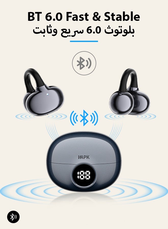 وابيك ماركة كورية RS7 سماعات أذن لاسلكية مفتوحة بمشبك للأذن، بلوتوث 6.0، مكالمات واضحة بتقنية ENC، علبة شحن بشاشة رقمية، شحن سريع، مقاومة للتعرق، تصميم خفيف وثابت، متوافقة مع iOS وAndroid، أسود نجمي - Image 4
