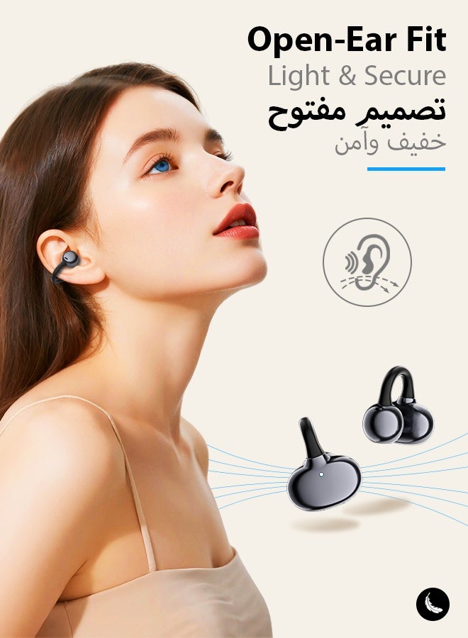 وابيك ماركة كورية RS7 سماعات أذن لاسلكية مفتوحة بمشبك للأذن، بلوتوث 6.0، مكالمات واضحة بتقنية ENC، علبة شحن بشاشة رقمية، شحن سريع، مقاومة للتعرق، تصميم خفيف وثابت، متوافقة مع iOS وAndroid، أسود نجمي - Image 2