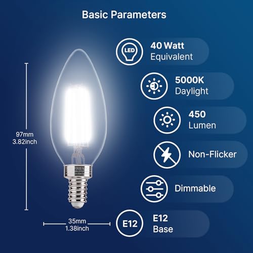 FLSNT 5000K Daylight B10 Dimmable LED E12 Candelabra Bulbs, 40W Equivalent LED Chandelier Light Bulbs, 450LM, Clear Glass Finishing, 12 Pack UL,CA65 Listed. - Image 2