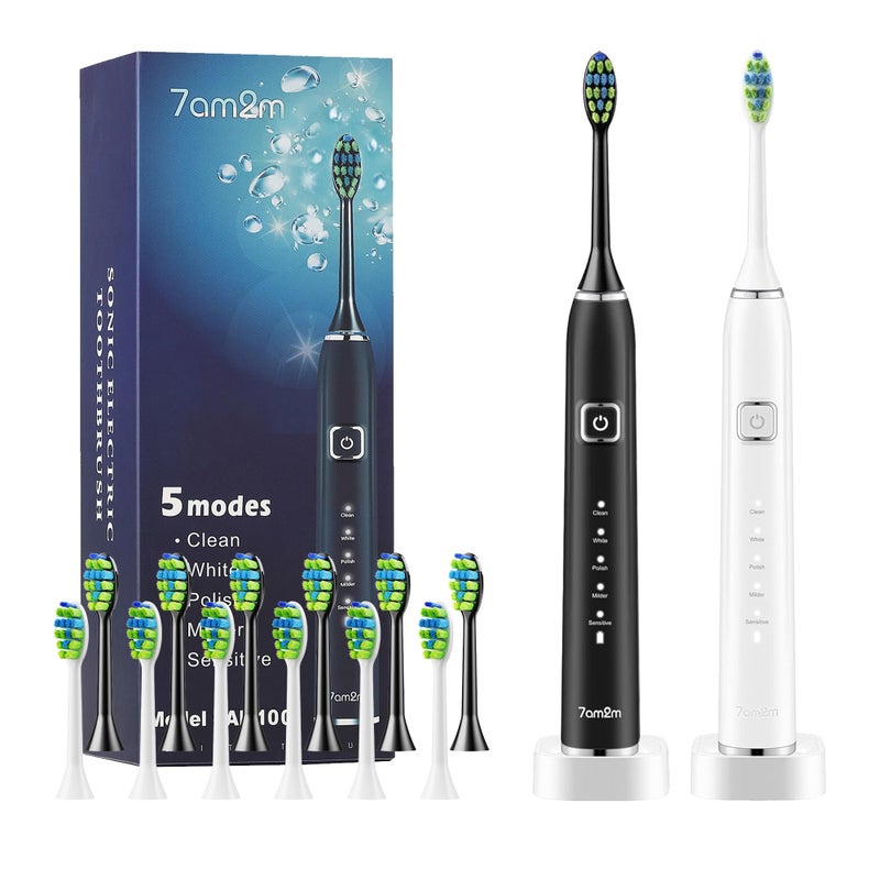 7AM2M Sonic Electric Toothbrush with 6 Brush Heads for Adults and Kids One Charge for 90 Days Wireless Fast Charge 5 Modes with 2 Minutes Built in Smart Timer Electric Toothbrushes BlackWhite