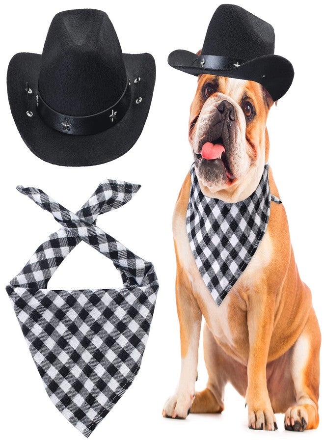 Yewong Pet Cowboy Costume Accessories Dog Cat Pet Size Cowboy Hat and Bandana Scarf West Cowboy Accessories for Puppy Kitten Party Festival and Daily Wearing Set of (Black hat+Black bib) - Image 1