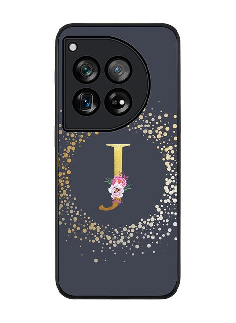 Rugged Black Edge Case for OnePlus 12, Slim fit Case Thin Cover -  Custom Monogram Initial Letter Floral Pattern Alphabet - J  (Grey )