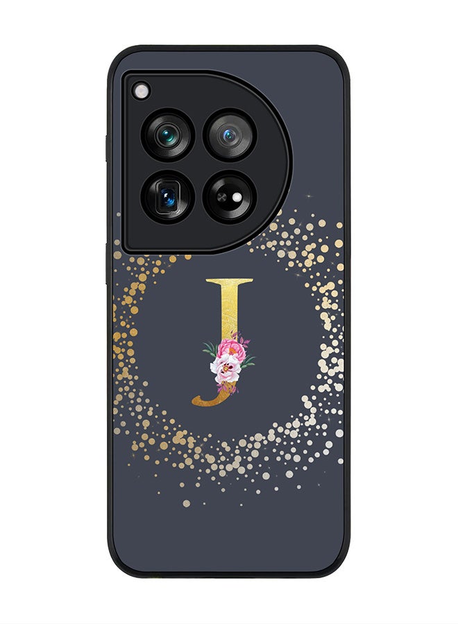 Rugged Black Edge Case for OnePlus 12, Slim fit Case Thin Cover -  Custom Monogram Initial Letter Floral Pattern Alphabet - J  (Grey )