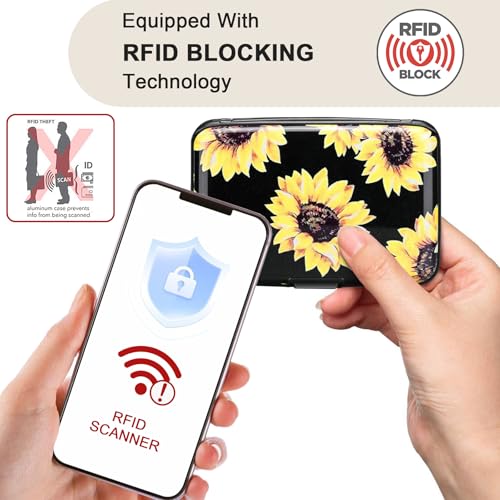 ELFISH Mini RFID Aluminum Wallet Credit Cards Holder Business Card Case Metal ID Case for Men Women (Yellow sunflower) - Image 2