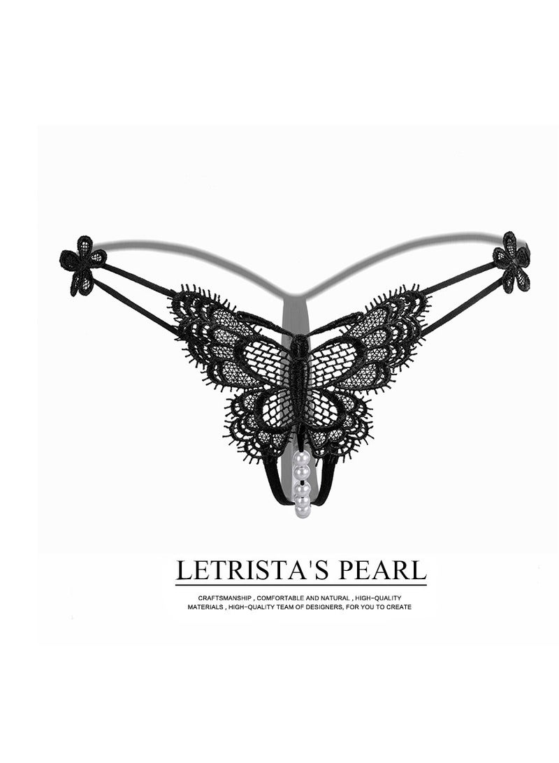 Women Lace Mid Rise Brief Underwear Breathable Scallop Trim Panties With Pearls.  - Image 1