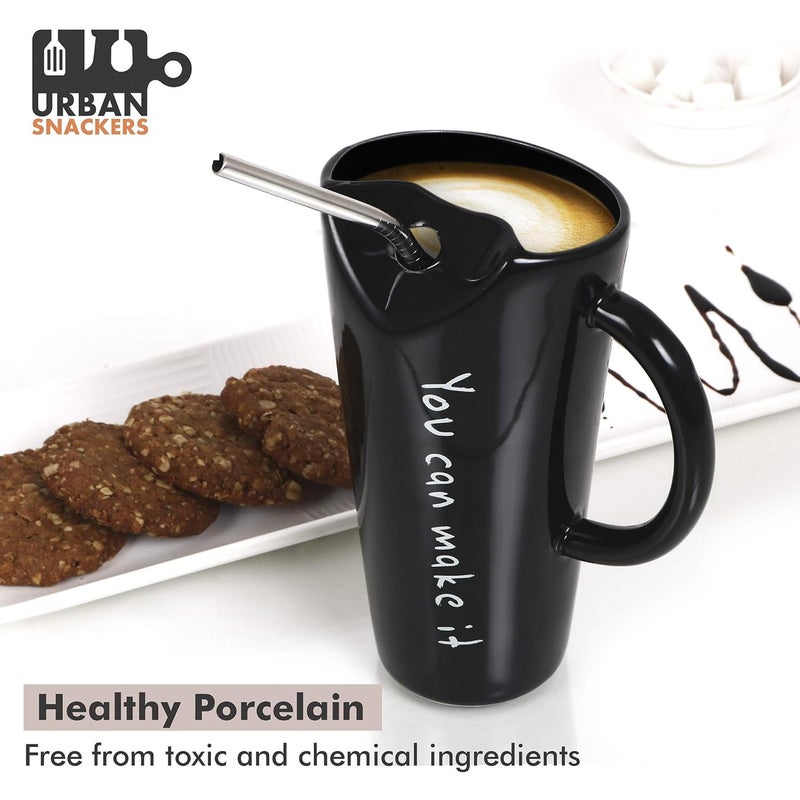 Urban Snackers Porcelain Mug with Metal Straw for Coffee, Tea, Milk, Beverages 500ml - Black Color - Pack of 1 - Image 2