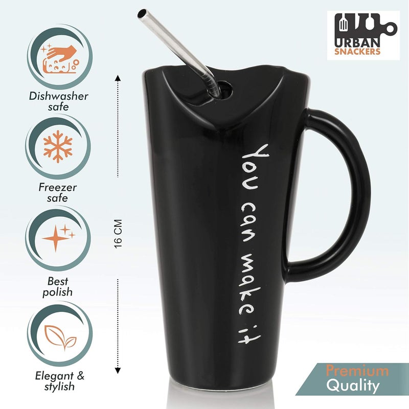 Urban Snackers Porcelain Mug with Metal Straw for Coffee, Tea, Milk, Beverages 500ml - Black Color - Pack of 1 - Image 3