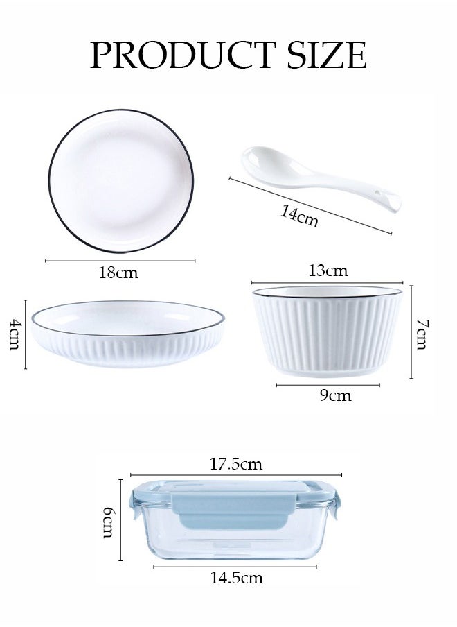 DUNISO Seven-Piece，Dinner Set White，Sauce Dish Ceramic Dipping Sauce Bowl, Fresh-Keeping Bowl, Serving Bowl, Suitable For Desserts, Appetizers, Tomato Sauce, Salad, Sushi, Noodles, Soup, High Borosilicate Fresh-Keeping Bowl With Two Small Spoons  - Image 2