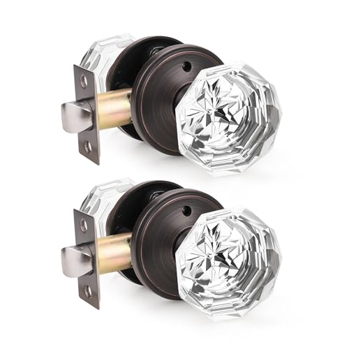 Orger 2 Pack Glass Door Knobs with Oil Rubbed Bronze Rosette, Bath/Bed Door Knobs for Privacy Use, Keyless Interior Door Handles with Diamond Shape Crystal Glass and Zinc Alloy Base - Image 1