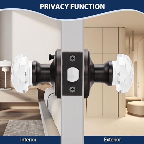 Orger 2 Pack Glass Door Knobs with Oil Rubbed Bronze Rosette, Bath/Bed Door Knobs for Privacy Use, Keyless Interior Door Handles with Diamond Shape Crystal Glass and Zinc Alloy Base - Image 4