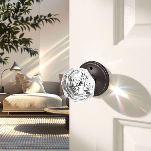 Orger 2 Pack Glass Door Knobs with Oil Rubbed Bronze Rosette, Bath/Bed Door Knobs for Privacy Use, Keyless Interior Door Handles with Diamond Shape Crystal Glass and Zinc Alloy Base - Image 2