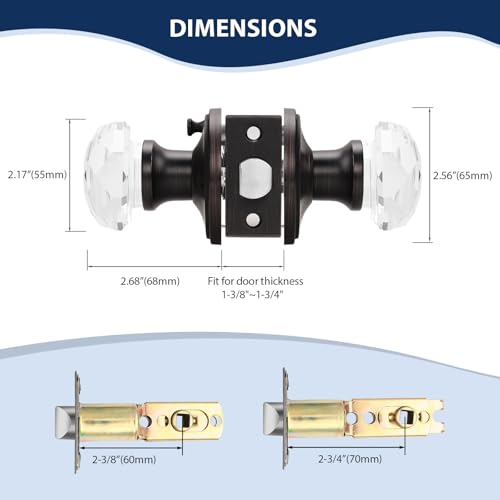 Orger 2 Pack Glass Door Knobs with Oil Rubbed Bronze Rosette, Bath/Bed Door Knobs for Privacy Use, Keyless Interior Door Handles with Diamond Shape Crystal Glass and Zinc Alloy Base - Image 3