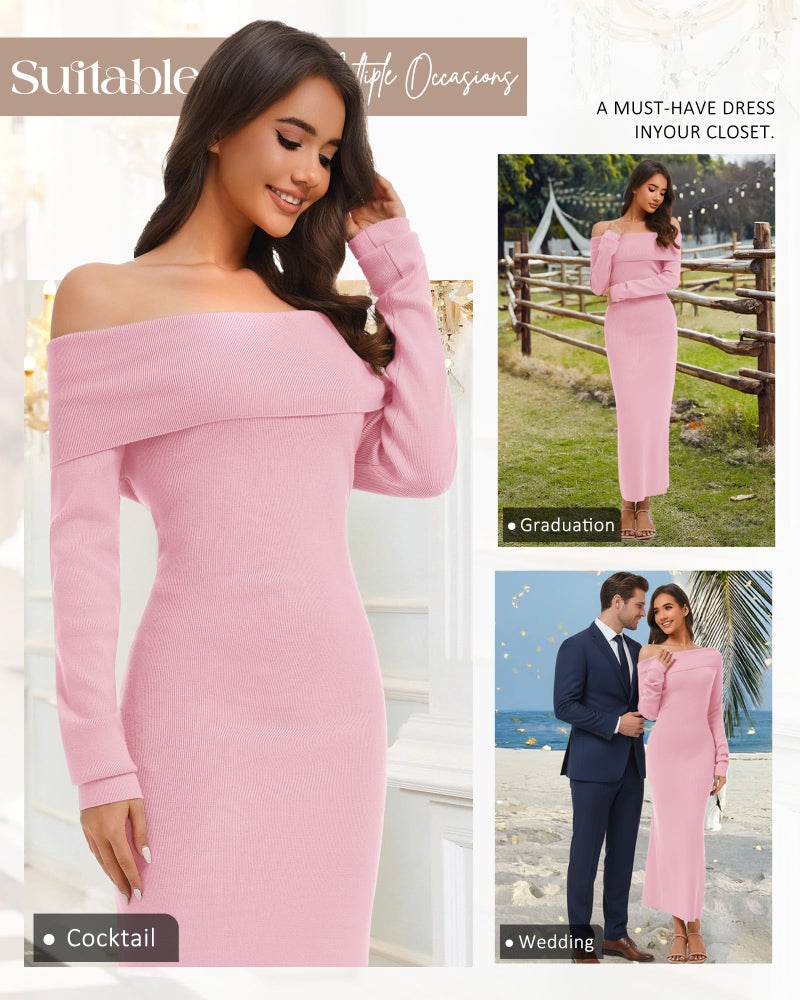 Simlakey Women's Off Shoulder Bodycon Sweater Dress Long Sleeve Fall Maxi Dress Elegant Cocktail Party Long Dresses(Pink,Medium) - Image 4