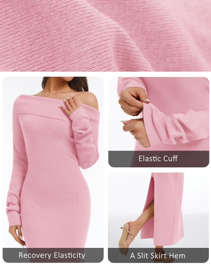 Simlakey Women's Off Shoulder Bodycon Sweater Dress Long Sleeve Fall Maxi Dress Elegant Cocktail Party Long Dresses(Pink,Medium) - Image 5